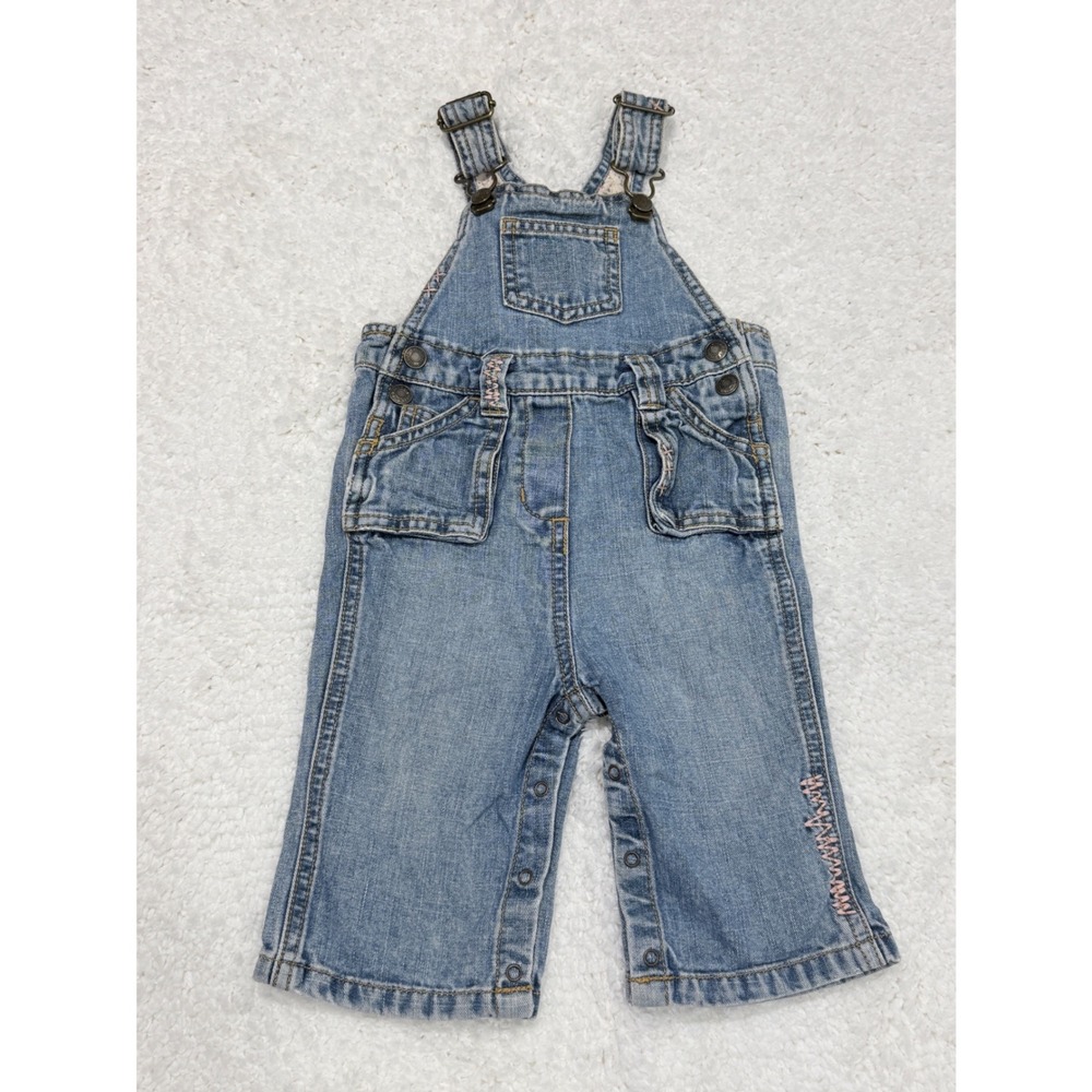 Vtg y2k Old Navy Denim Overalls Baby girls sz 6-12 Months Pink embroidery Cotton